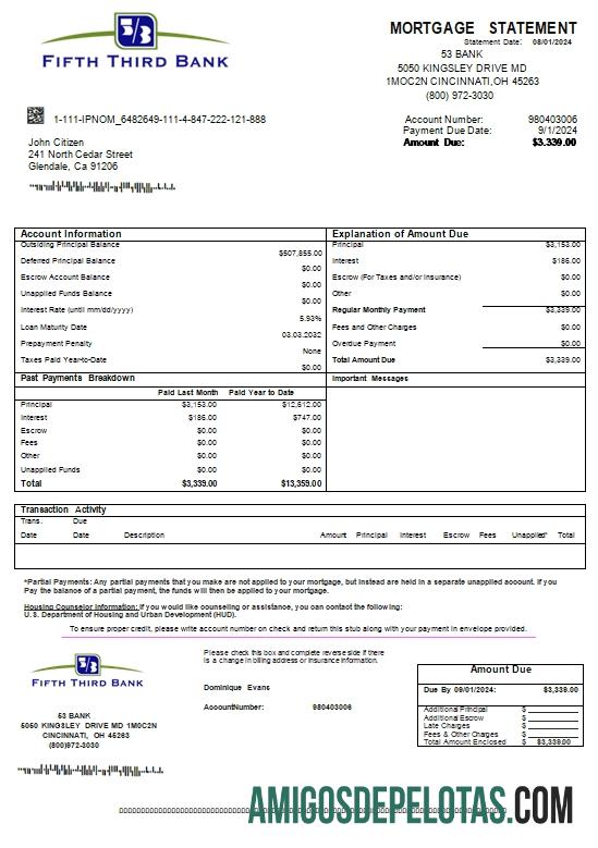 Declaração de hipoteca do quinto terceiro banco dos EUA Ohio amostra